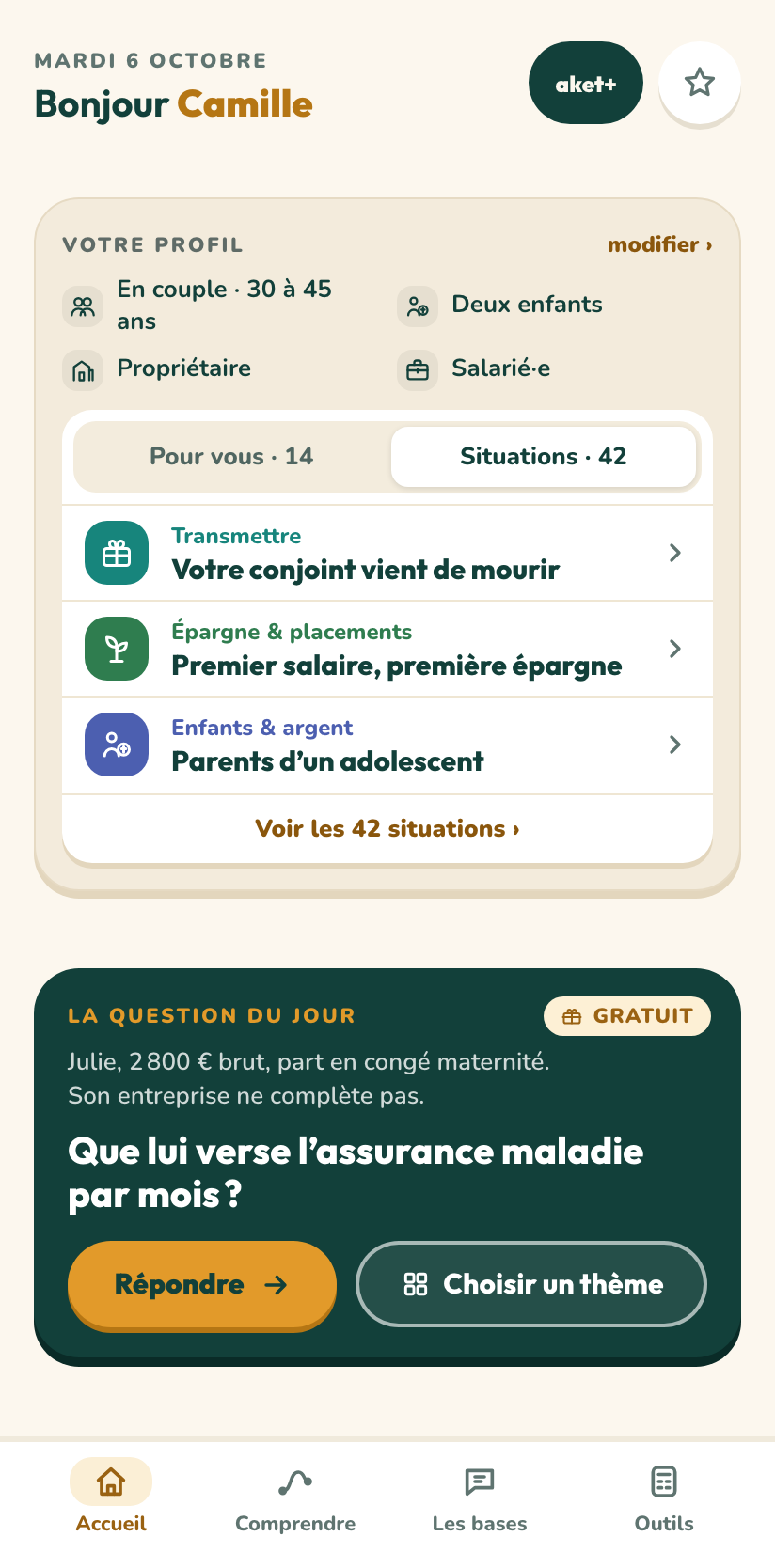 L’écran d’accueil de l’application Aket