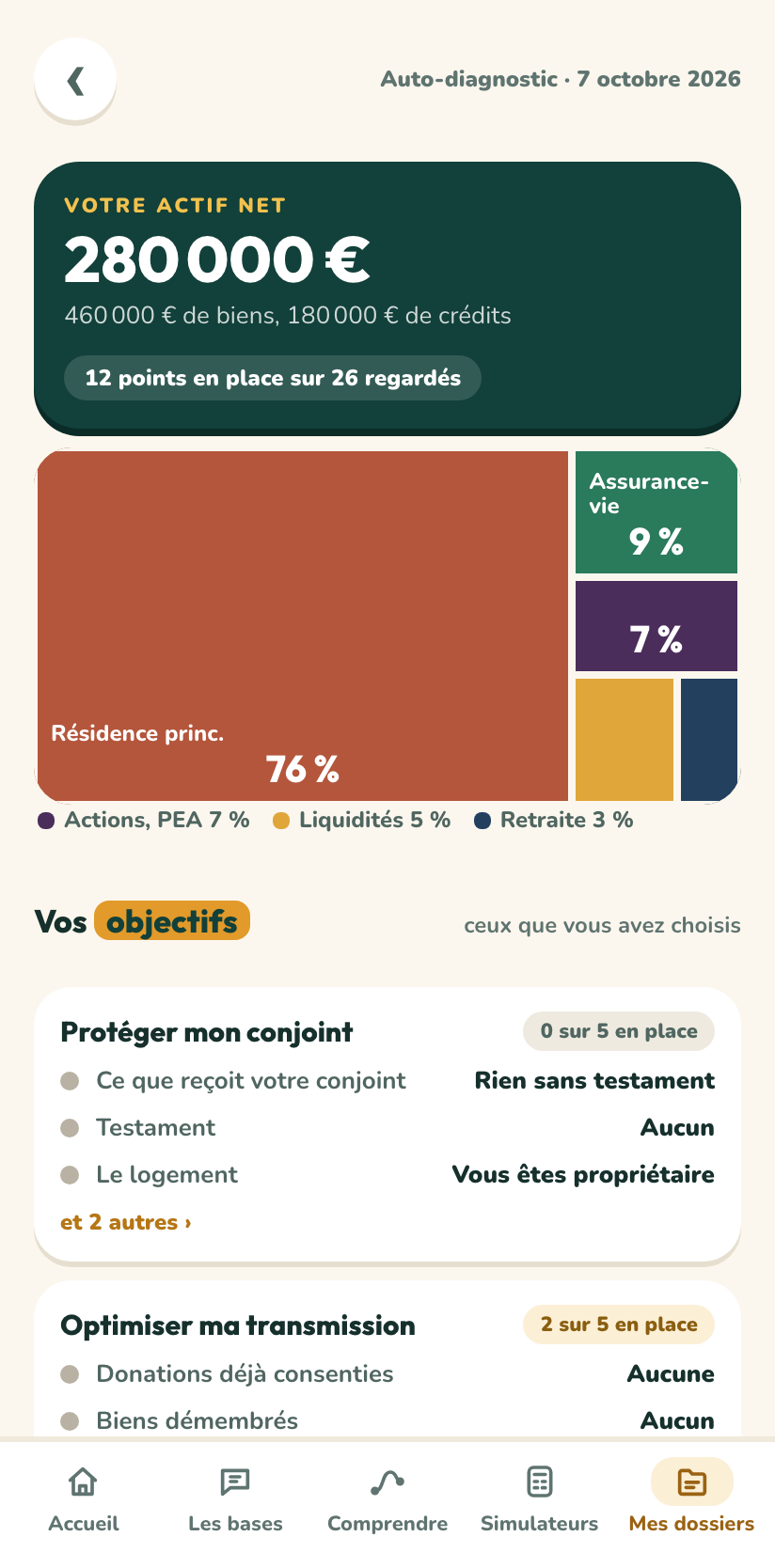L’auto-diagnostic dans l’application : l’actif net, la répartition du patrimoine et les objectifs