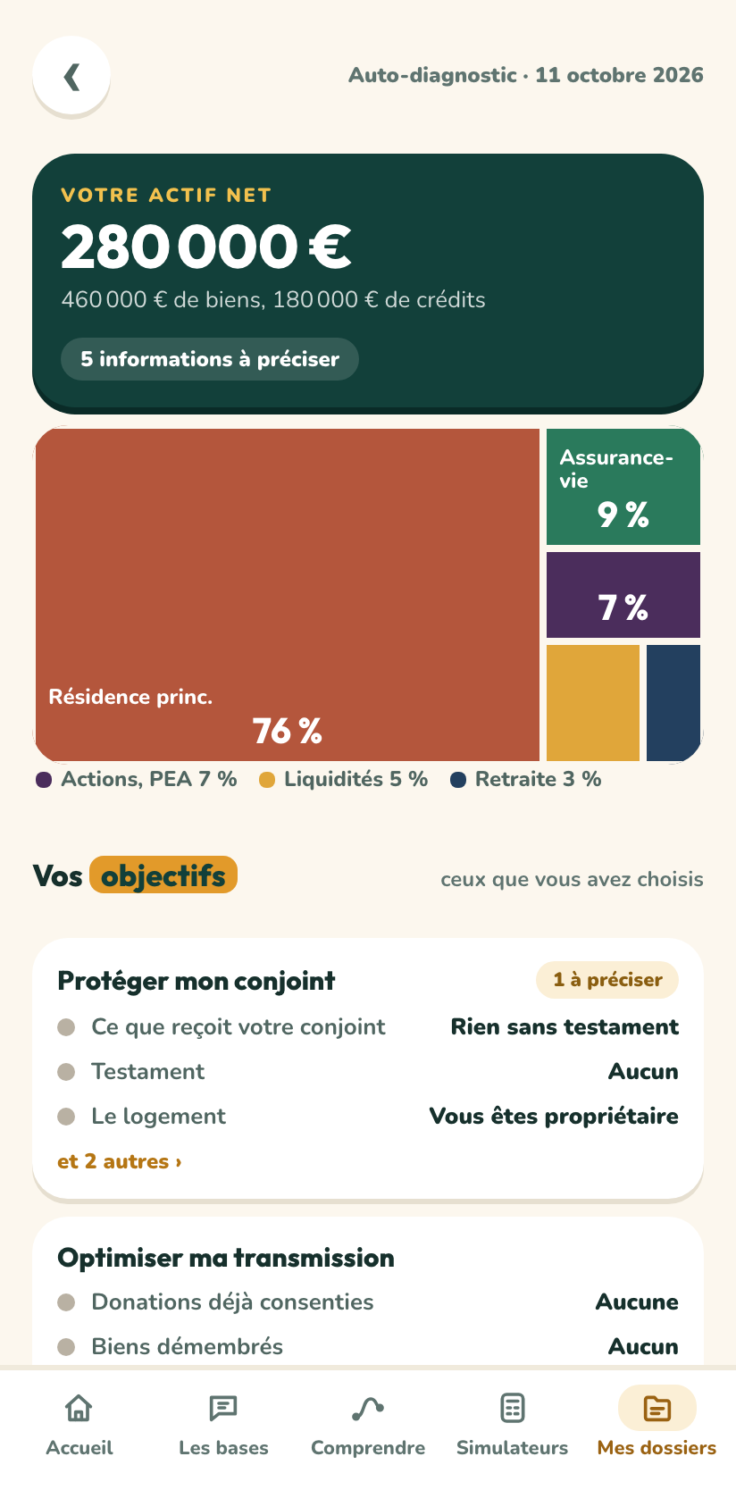 L’auto-diagnostic dans l’application, sur un exemple fictif : le point de départ d’un échange avec un conseiller