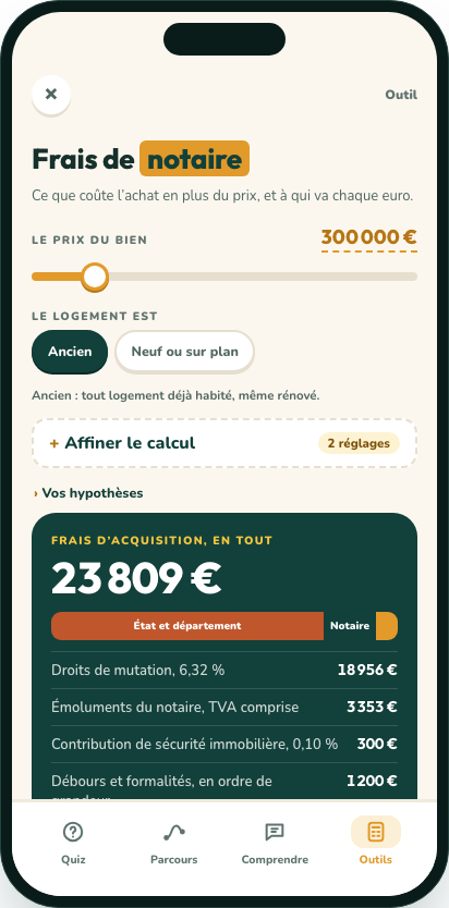 Le calculateur des frais de notaire dans l’application Aket