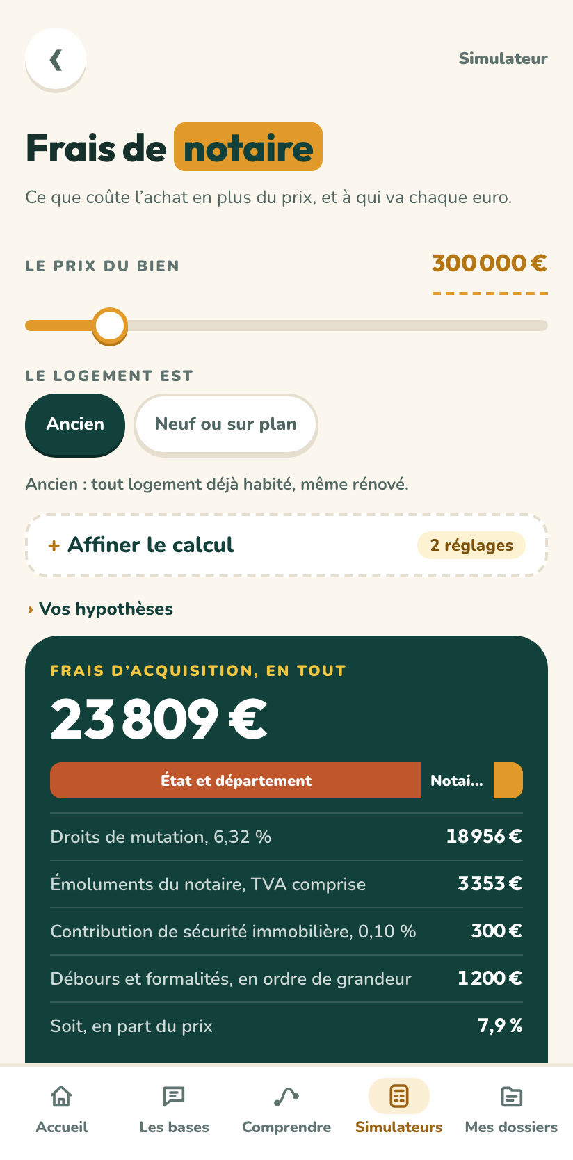 Le calculateur des frais de notaire dans l’application