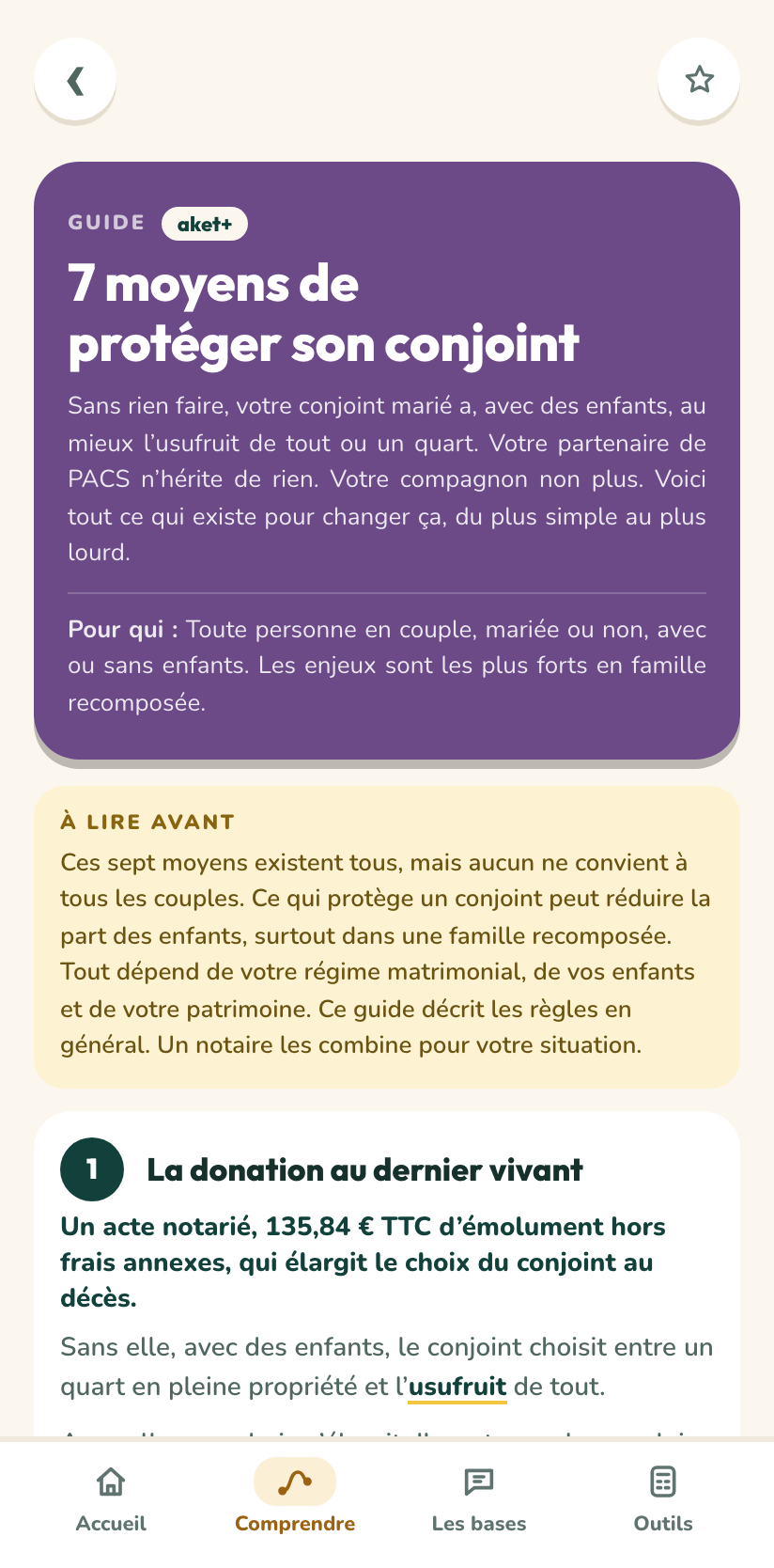 Le guide « 7 moyens de protéger son conjoint » ouvert dans l’application
