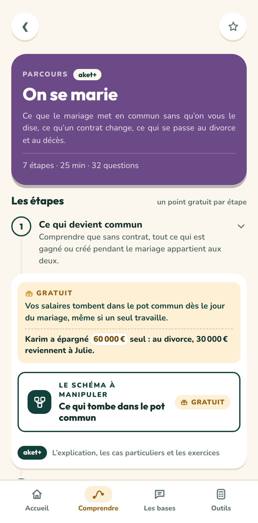 Le parcours « On se marie » dans l’application : le point gratuit de l’étape 1, la suite dans Aket+