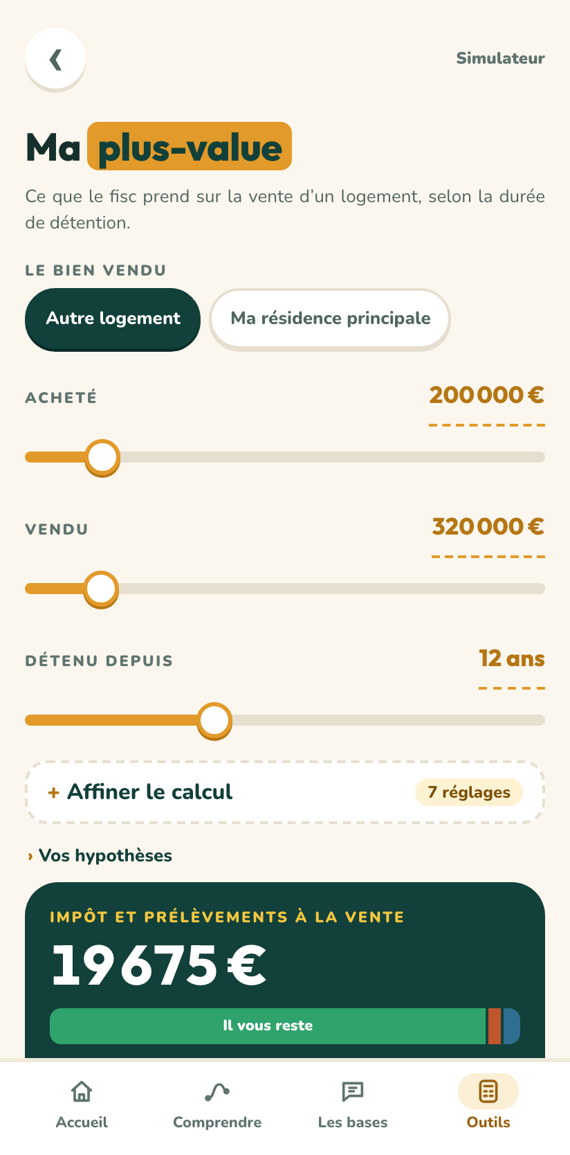 Le calculateur de plus-value immobilière dans l’application : 200 000 € acheté, 320 000 € vendu 12 ans plus tard, 19 675 € d’impôt et de prélèvements