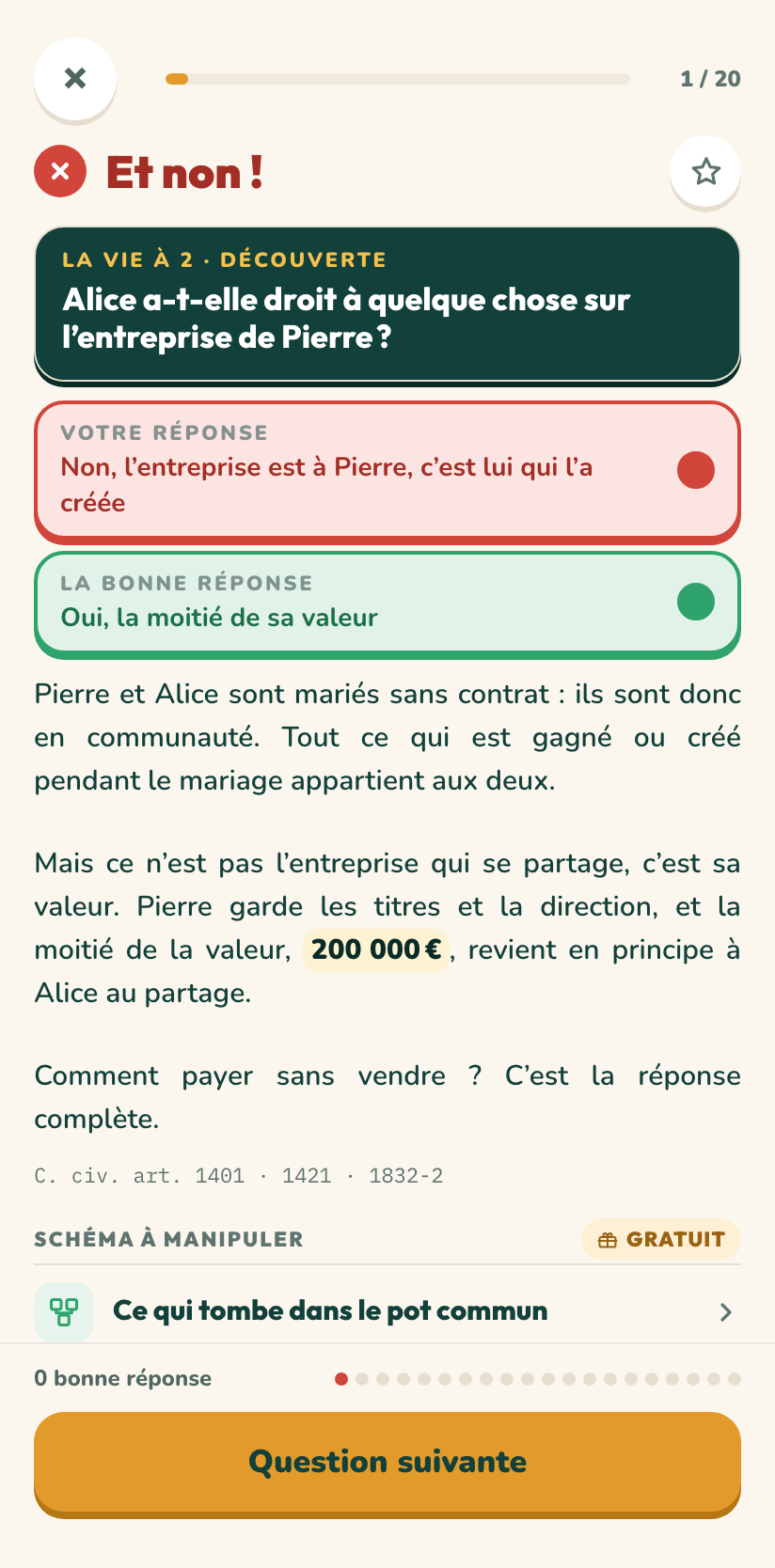 Une question du quiz et sa réponse dans l’application