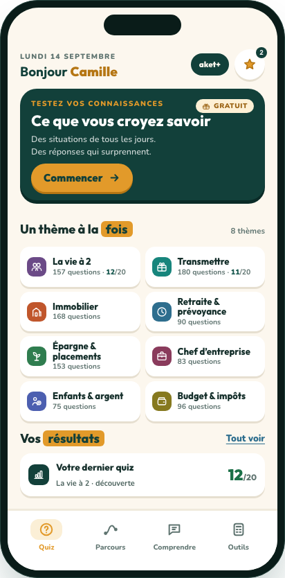 L’écran d’accueil de l’application Aket
