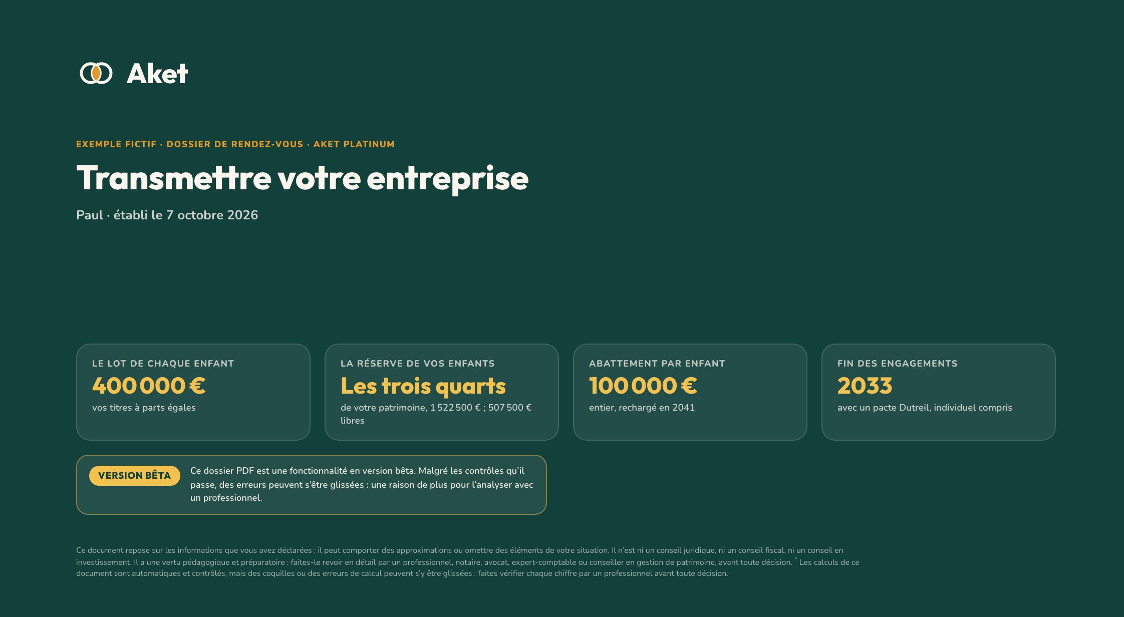 Le dossier d’exemple « Transmettre mon entreprise », la couverture : les chiffres clés