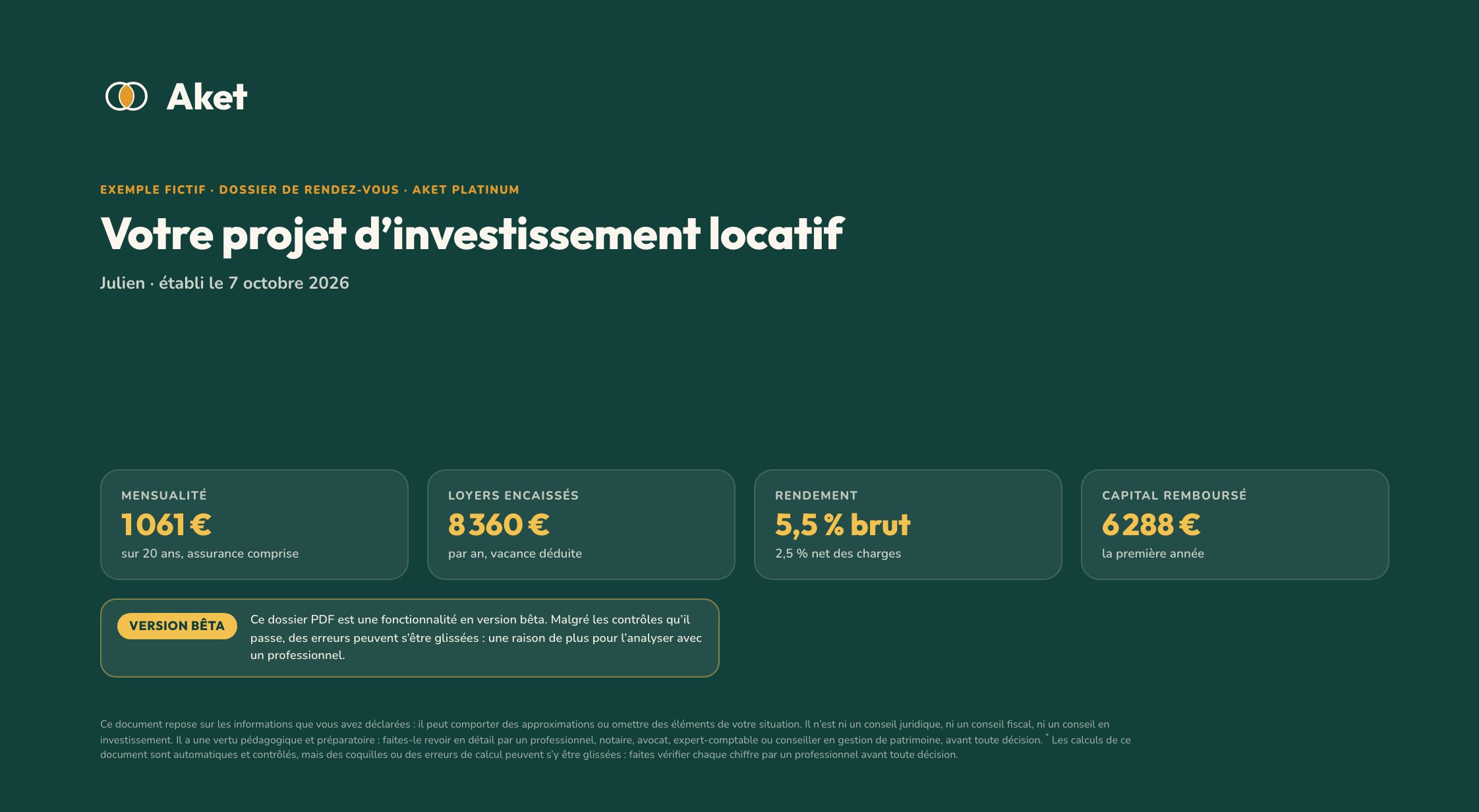 Couverture du dossier d’exemple : « Exemple fictif · Investissement locatif · dossier de rendez-vous, Julien »