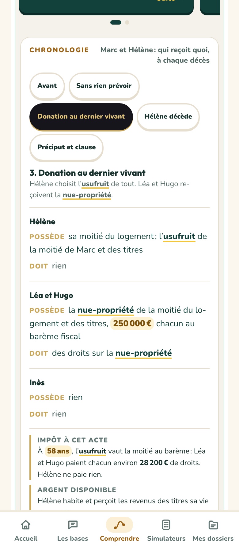 Une chronologie dans l’application : Marc et Hélène, famille recomposée, à l’étape « Donation au dernier vivant » ; ce que chacun possède, doit, l’impôt à cet acte et l’argent disponible