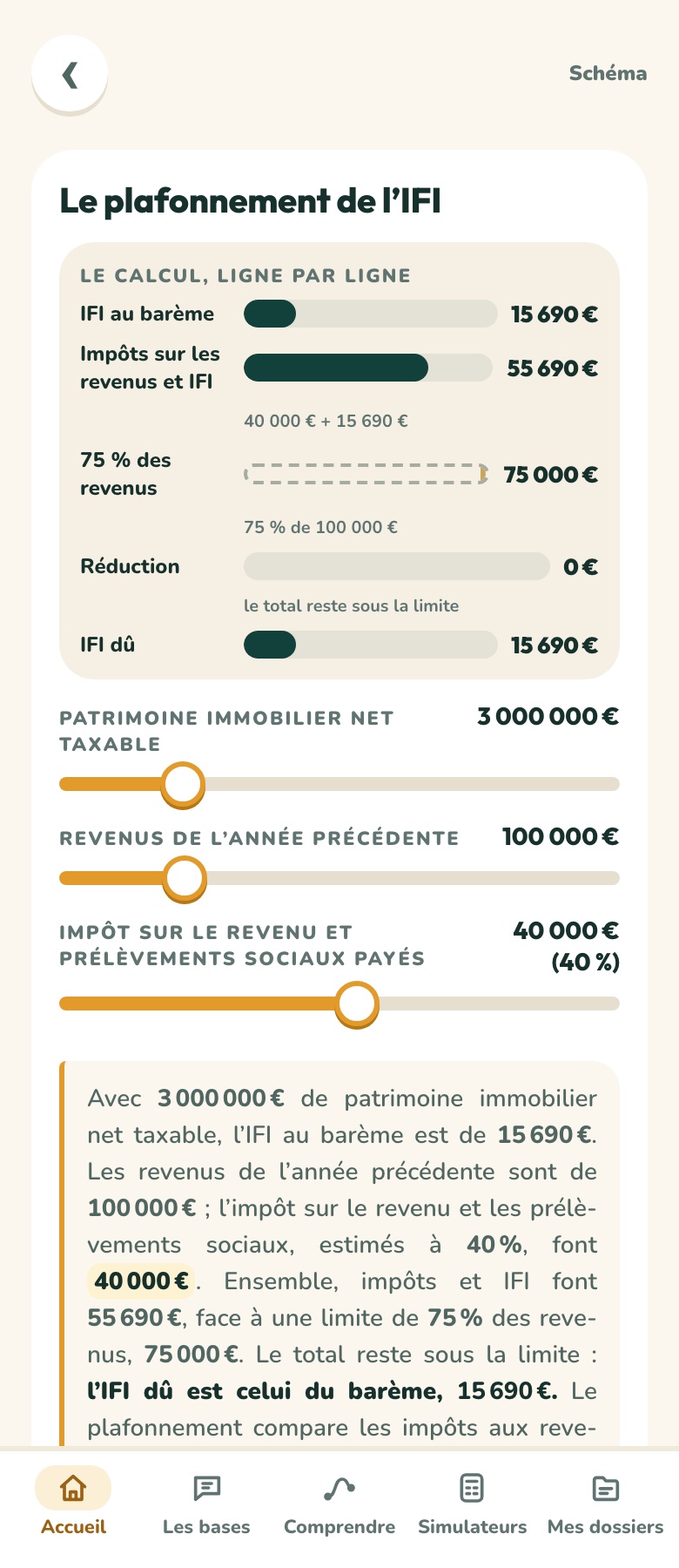 Le schéma « Le plafonnement de l’IFI » : le calcul ligne par ligne, avec trois curseurs