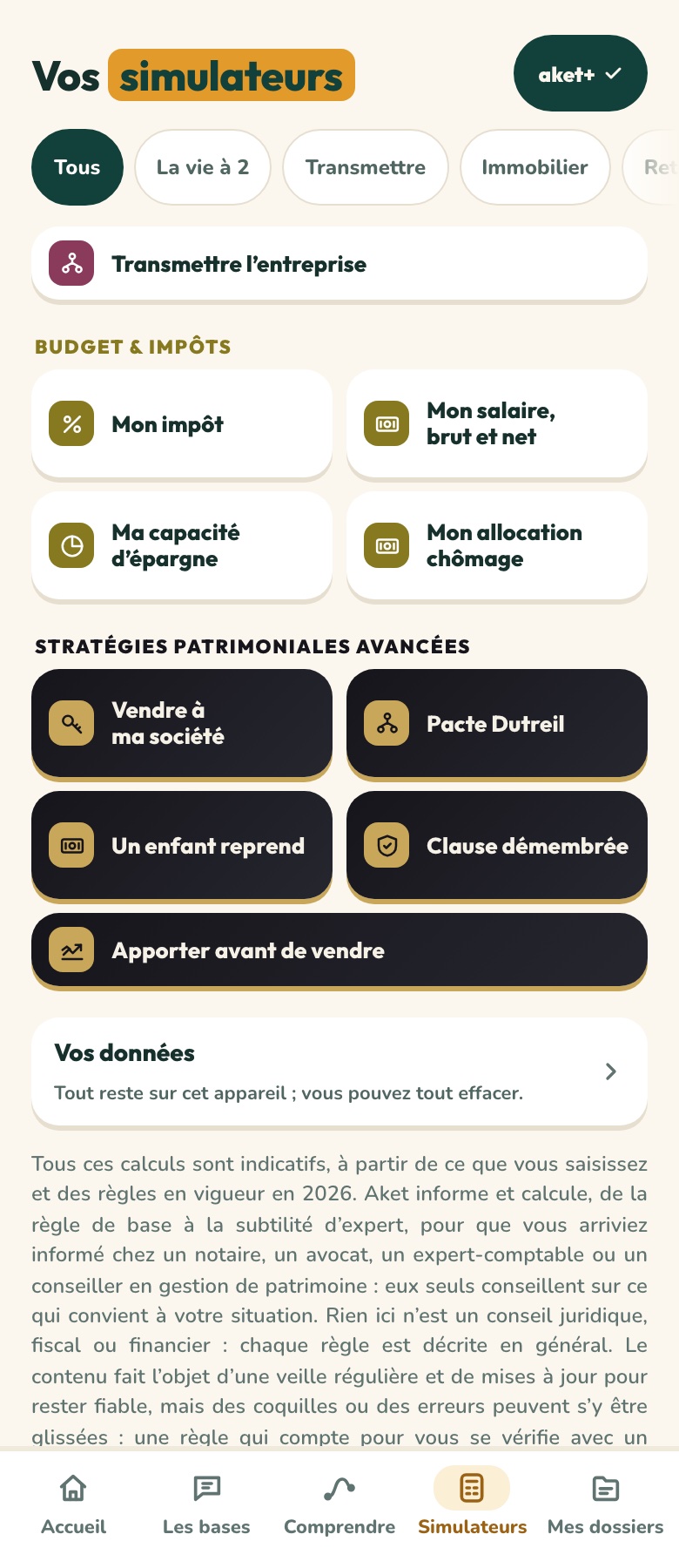 Les simulateurs de l’application, avec le groupe « Stratégies patrimoniales avancées » en noir et or