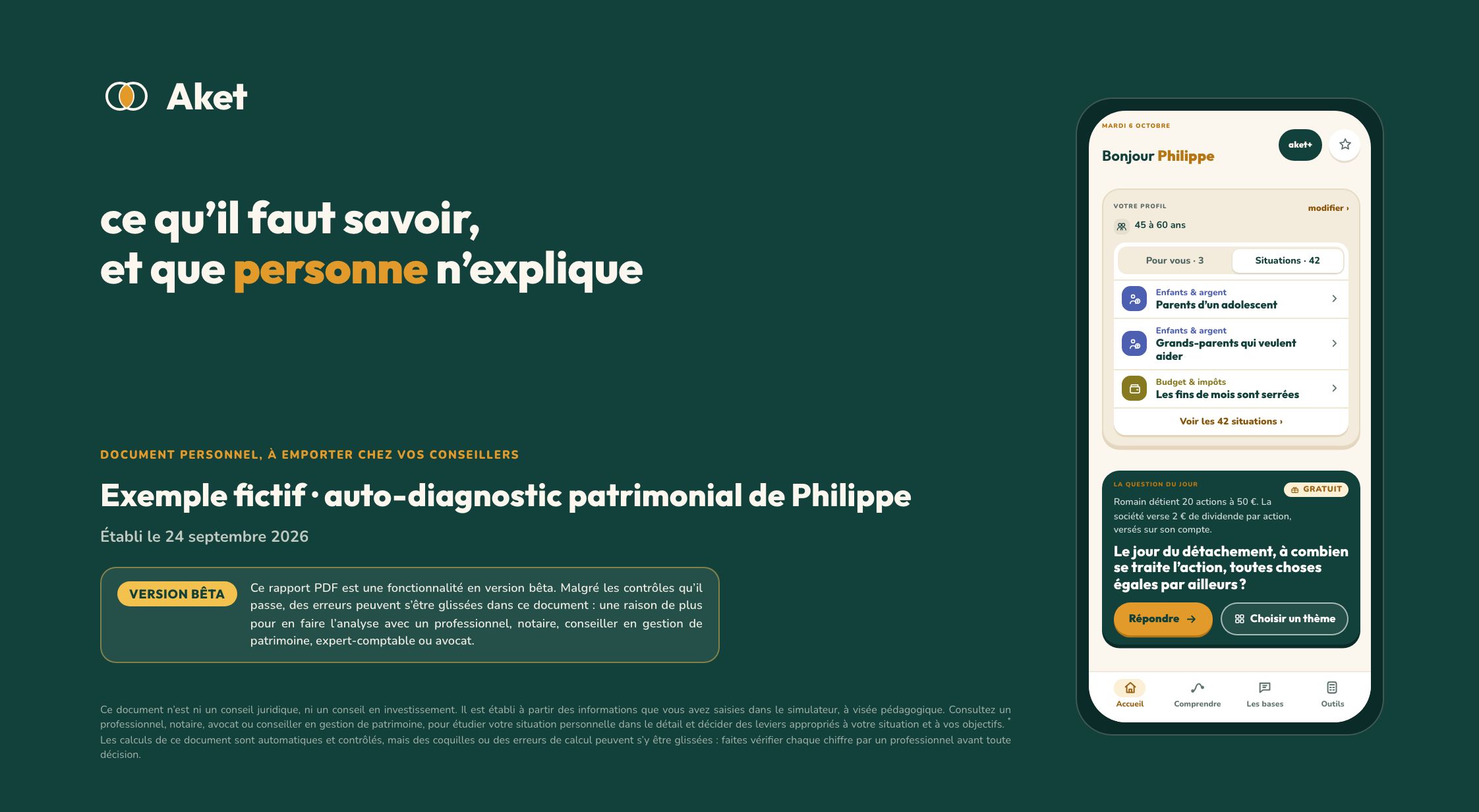 Couverture du rapport d’exemple : « Exemple fictif · auto-diagnostic patrimonial de Philippe »