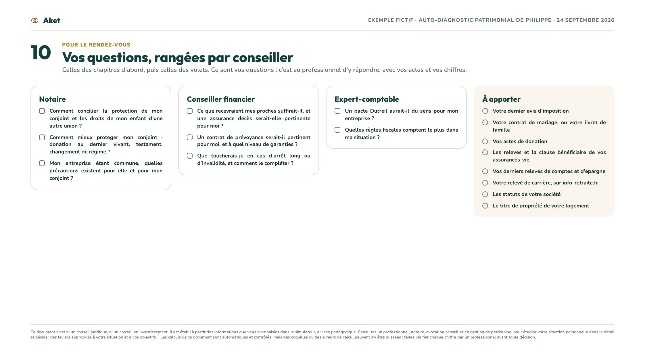 Rapport d’exemple, page 11 : Vos questions, rangées par conseiller